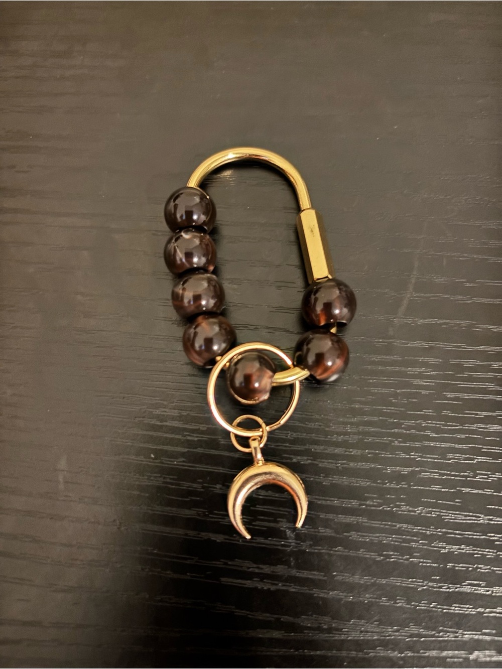 Gold and Dark Brown Beaded Crescent Keychain - Men Accessories